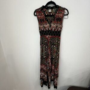 Bila Maxi Dress Sz S V-Neck  Geometric Print Boho Gypsy Hanky Hem Asymmetrical